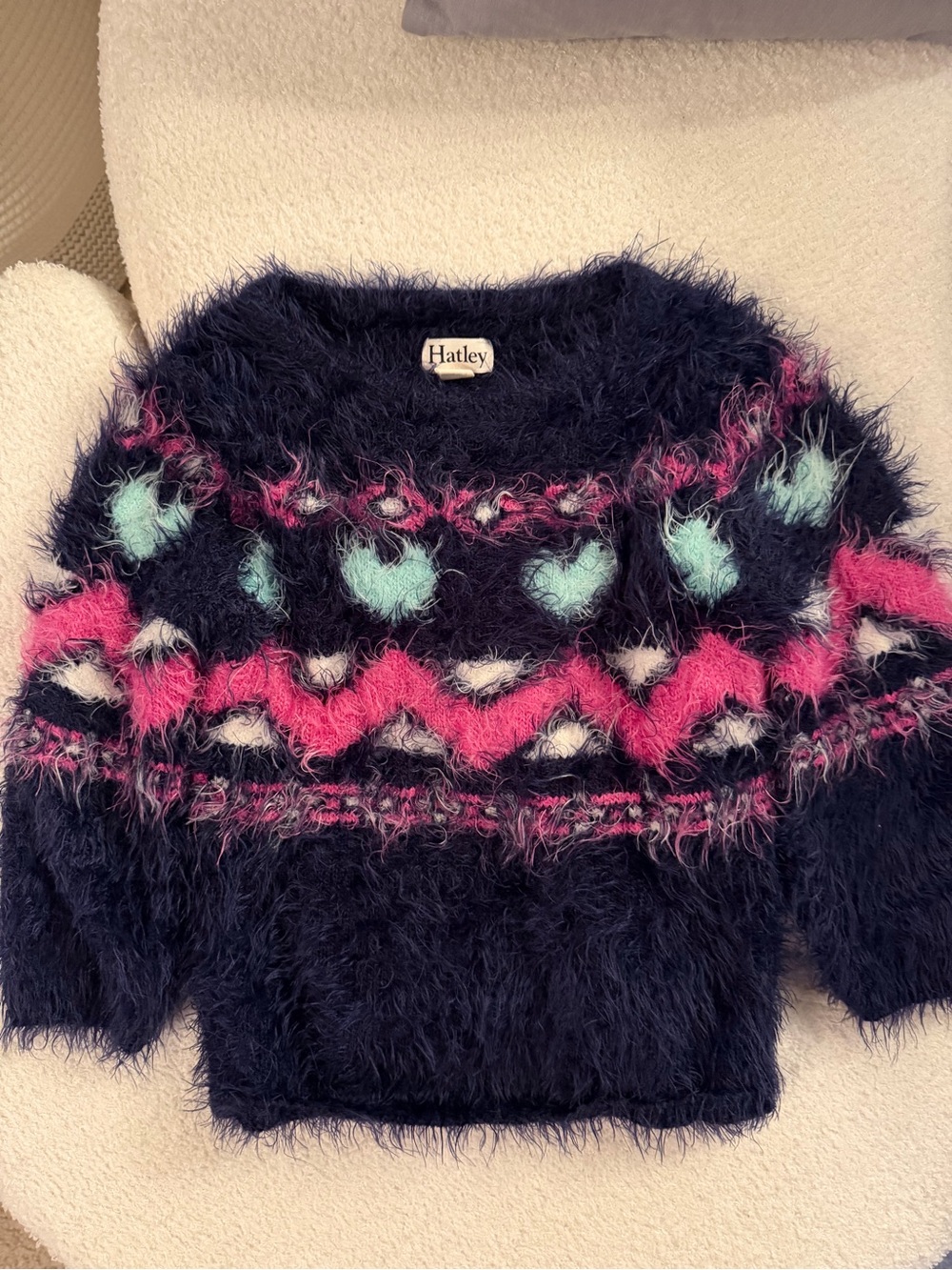 Hatley Fuzzy Navy Sweater with Pink Zigzag & Mint Heart Accents